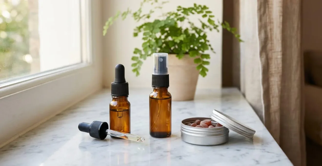 Flacon compte-gouttes, spray buccal et pastilles Rescue Remedy posés sur une surface neutre claire
