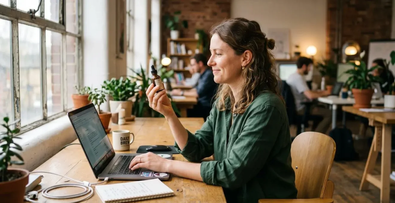 Femme en pause au bureau, flacon Rescue Remedy dans la main, regard tourné vers la fenêtre