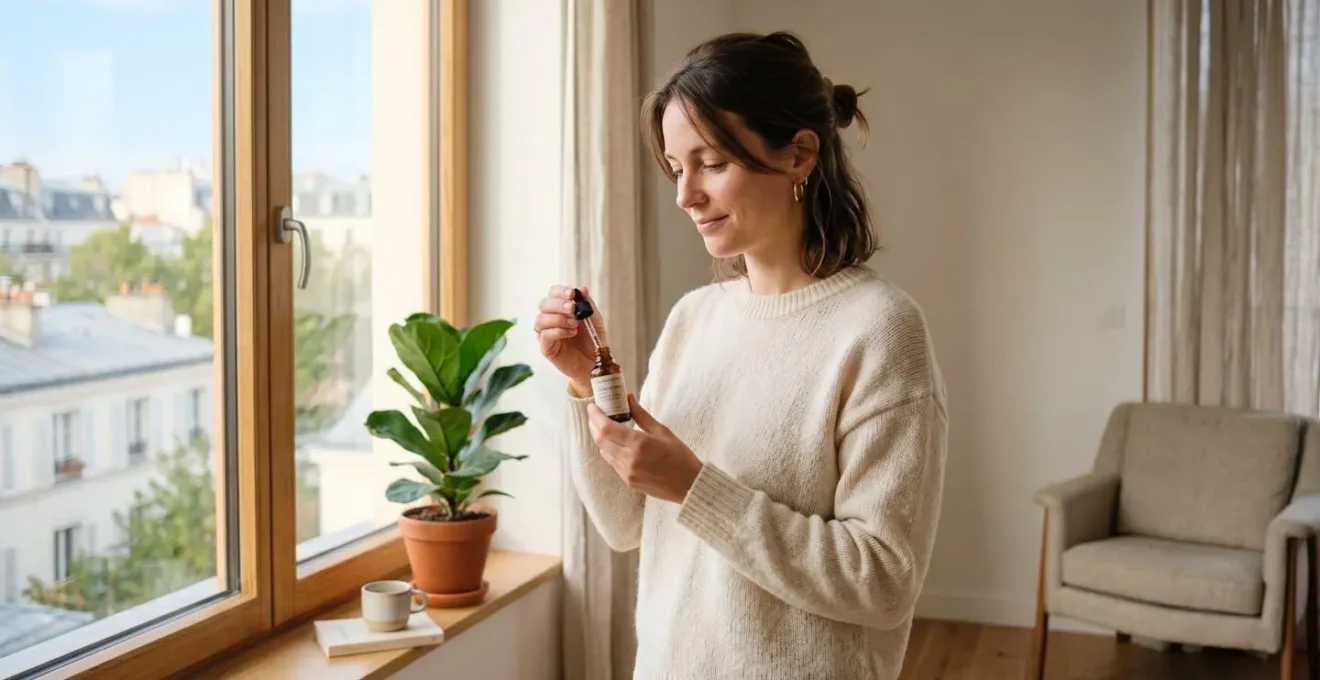 Femme sereine tenant un petit flacon de Rescue Remedy près d'une fenêtre lumineuse, regard apaisé